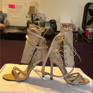 Elegant Tan Lace-Up Heeled Sandals